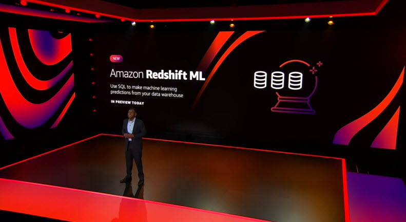 Swami announces Amazon Redshift ML in front of a slide on stage.