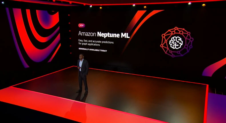 Swami announces Amazon Neptune ML in front of a slide on stage.