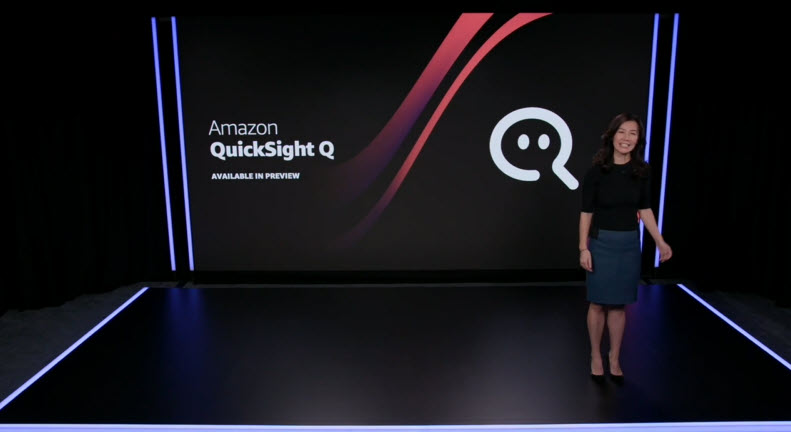 Dorothy Li speaks in front of a slide about Amazon QuickSight Q on stage.